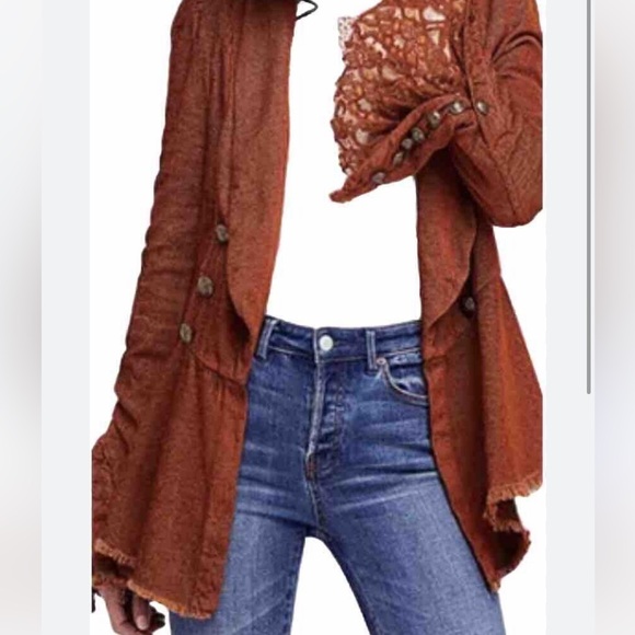 16. Free People Throwback Corduroy Military Lace Bell Sleeve Jacket Blazer - Picture 3 of 16